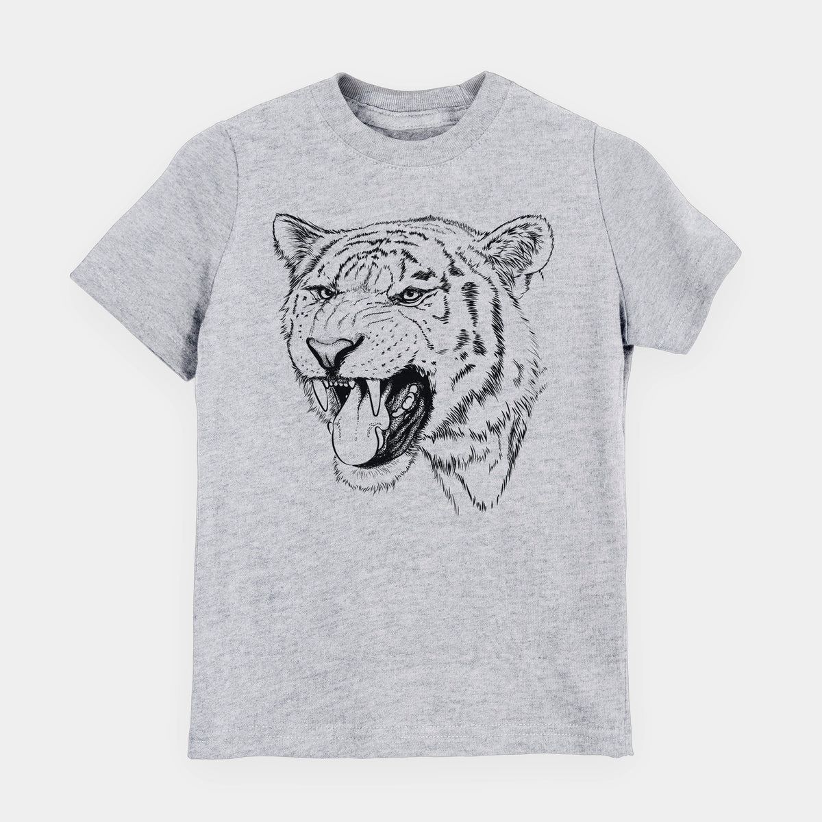 Heather grey youth t-shirt laid flat, printed with a detailed black ink portrait of a roaring Siberian tiger.