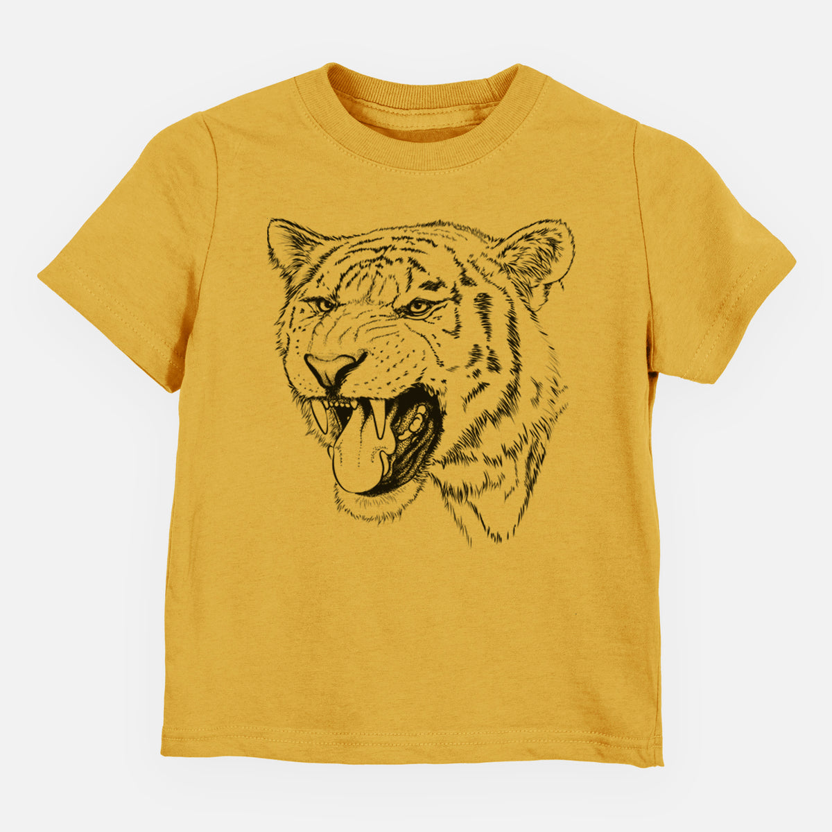 Honeycomb yellow toddler t-shirt laid flat, printed with a detailed black ink portrait of a roaring Siberian tiger.