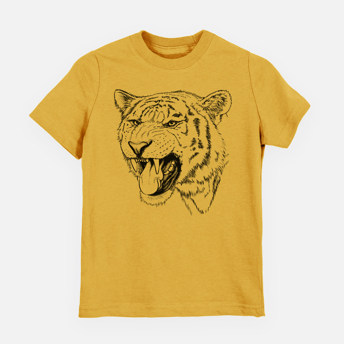 Honeycomb yellow youth t-shirt laid flat, printed with a detailed black ink portrait of a roaring Siberian tiger.