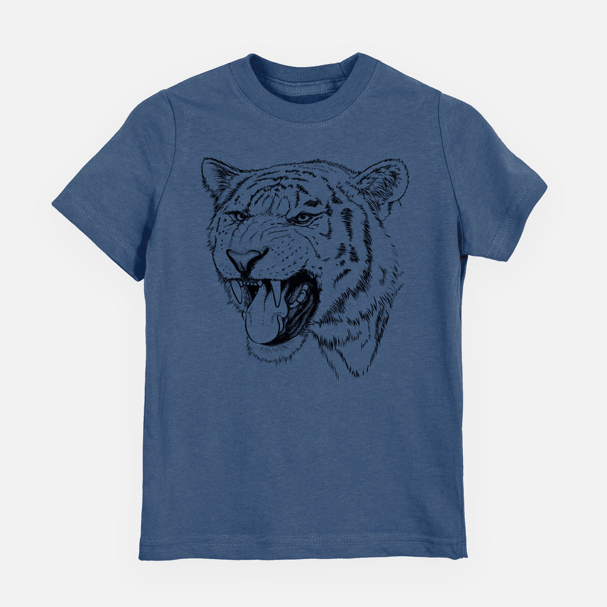 Indigo blue youth t-shirt laid flat, printed with a detailed black ink portrait of a roaring Siberian tiger.