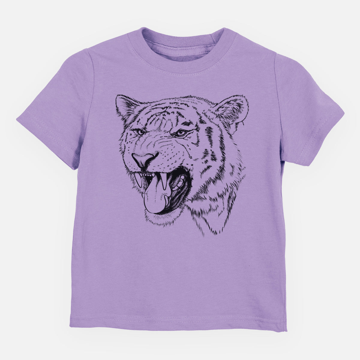 Lavender toddler t-shirt laid flat, printed with a detailed black ink portrait of a roaring Siberian tiger.