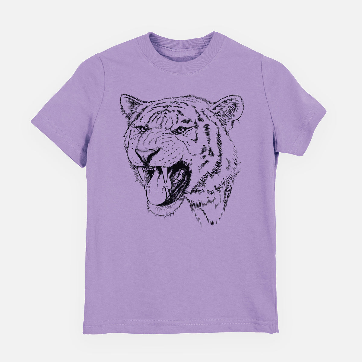 Lavender youth t-shirt laid flat, printed with a detailed black ink portrait of a roaring Siberian tiger.