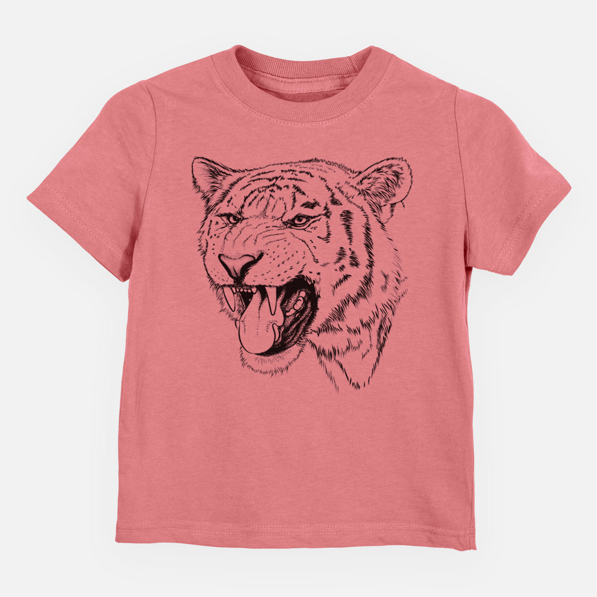 Mauve pink toddler t-shirt laid flat, printed with a detailed black ink portrait of a roaring Siberian tiger.