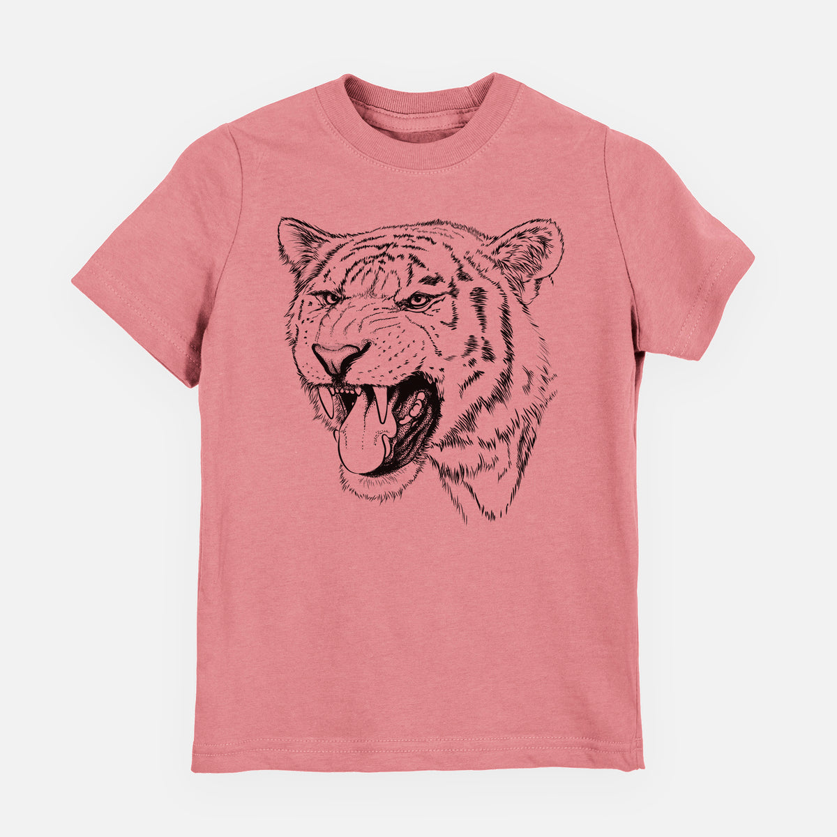 Mauve pink youth t-shirt laid flat, printed with a detailed black ink portrait of a roaring Siberian tiger.