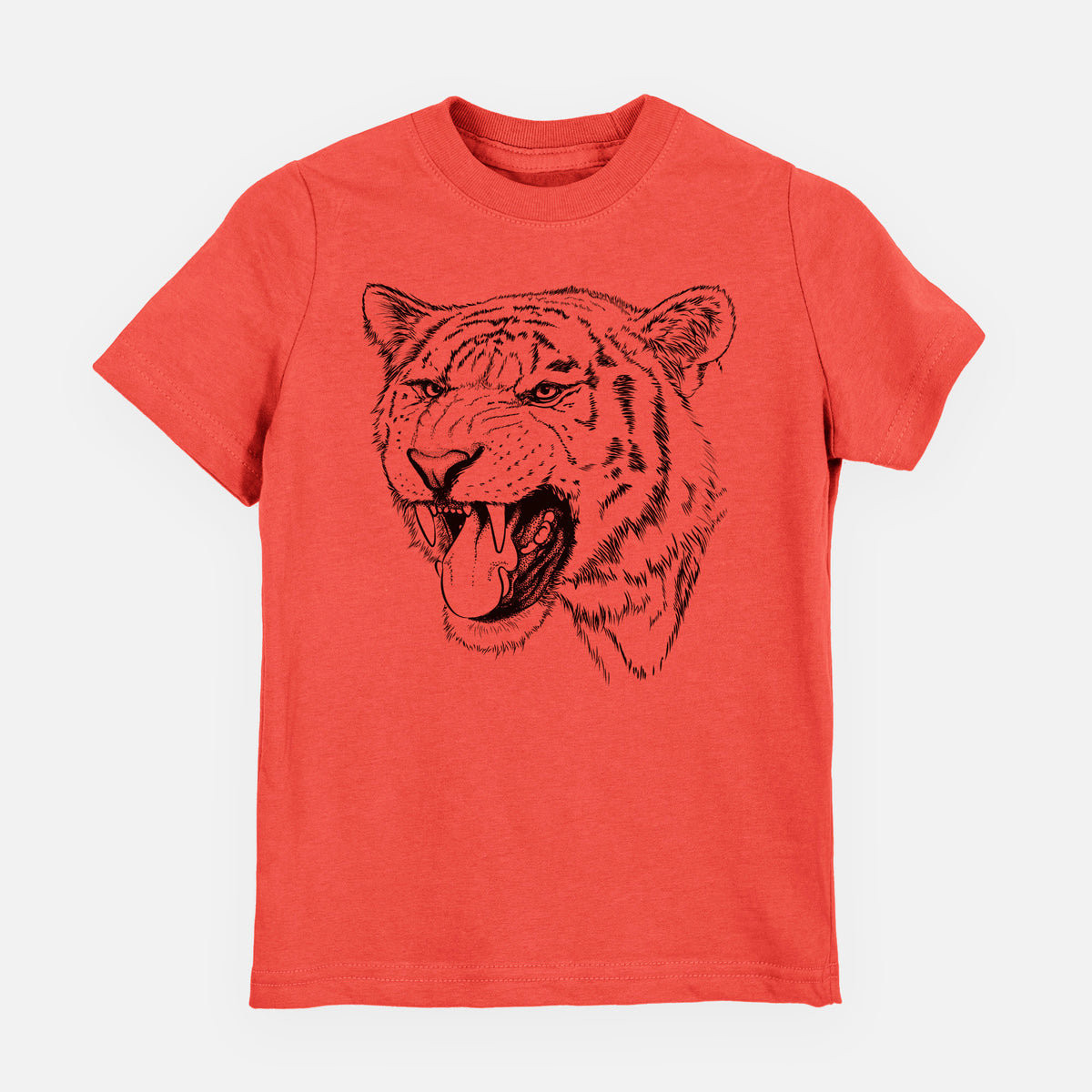 Passionfruit pink youth t-shirt laid flat, printed with a detailed black ink portrait of a roaring Siberian tiger.