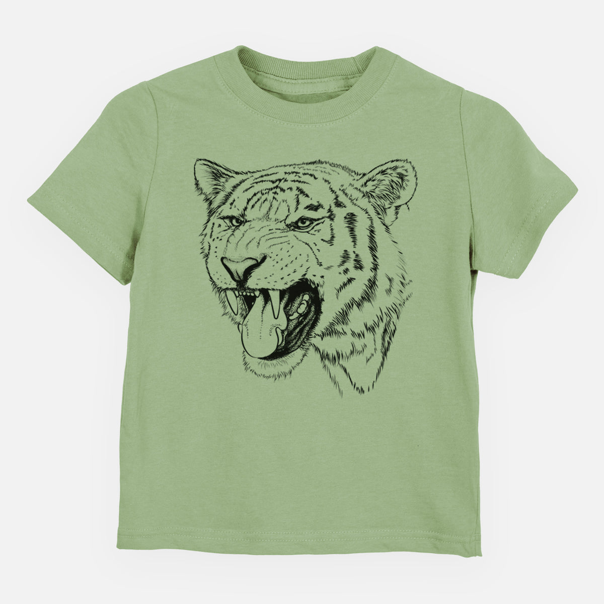 Sage green toddler t-shirt laid flat, printed with a detailed black ink portrait of a roaring Siberian tiger.