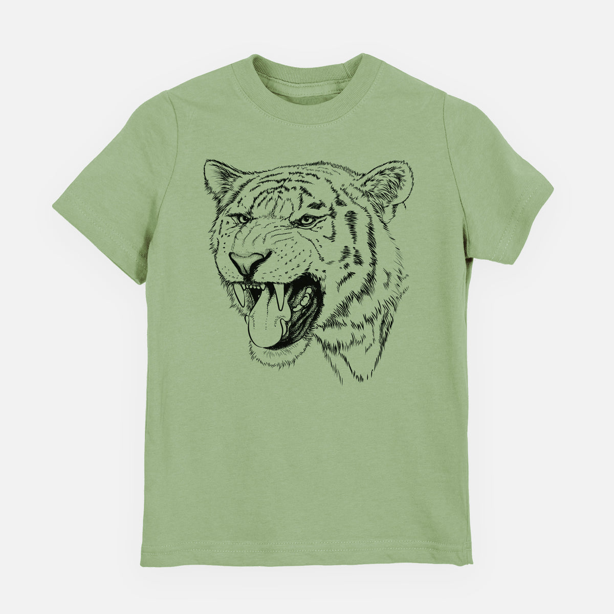 Sage green youth t-shirt laid flat, printed with a detailed black ink portrait of a roaring Siberian tiger.