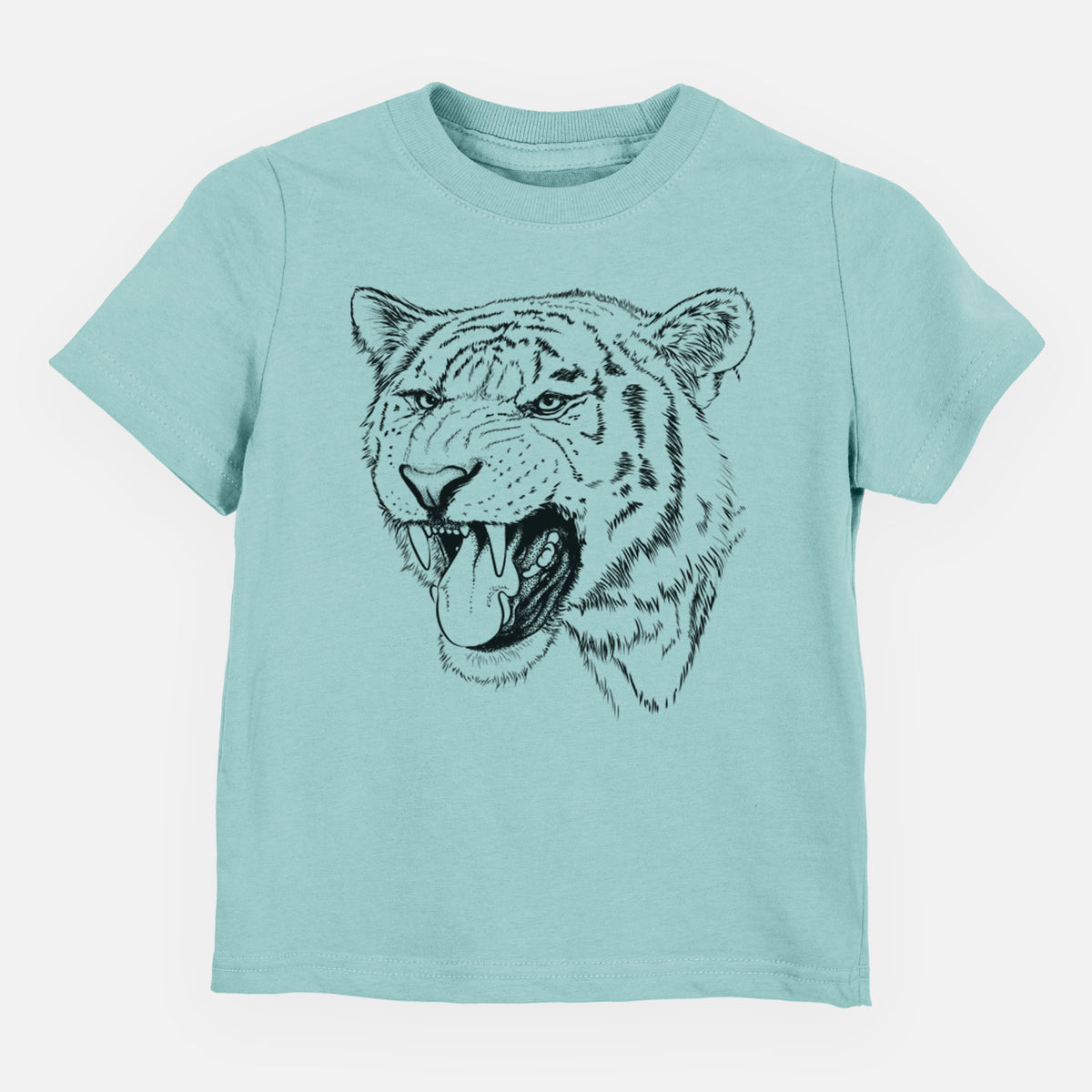 Saltwater toddler t-shirt laid flat, printed with a detailed black ink portrait of a roaring Siberian tiger.