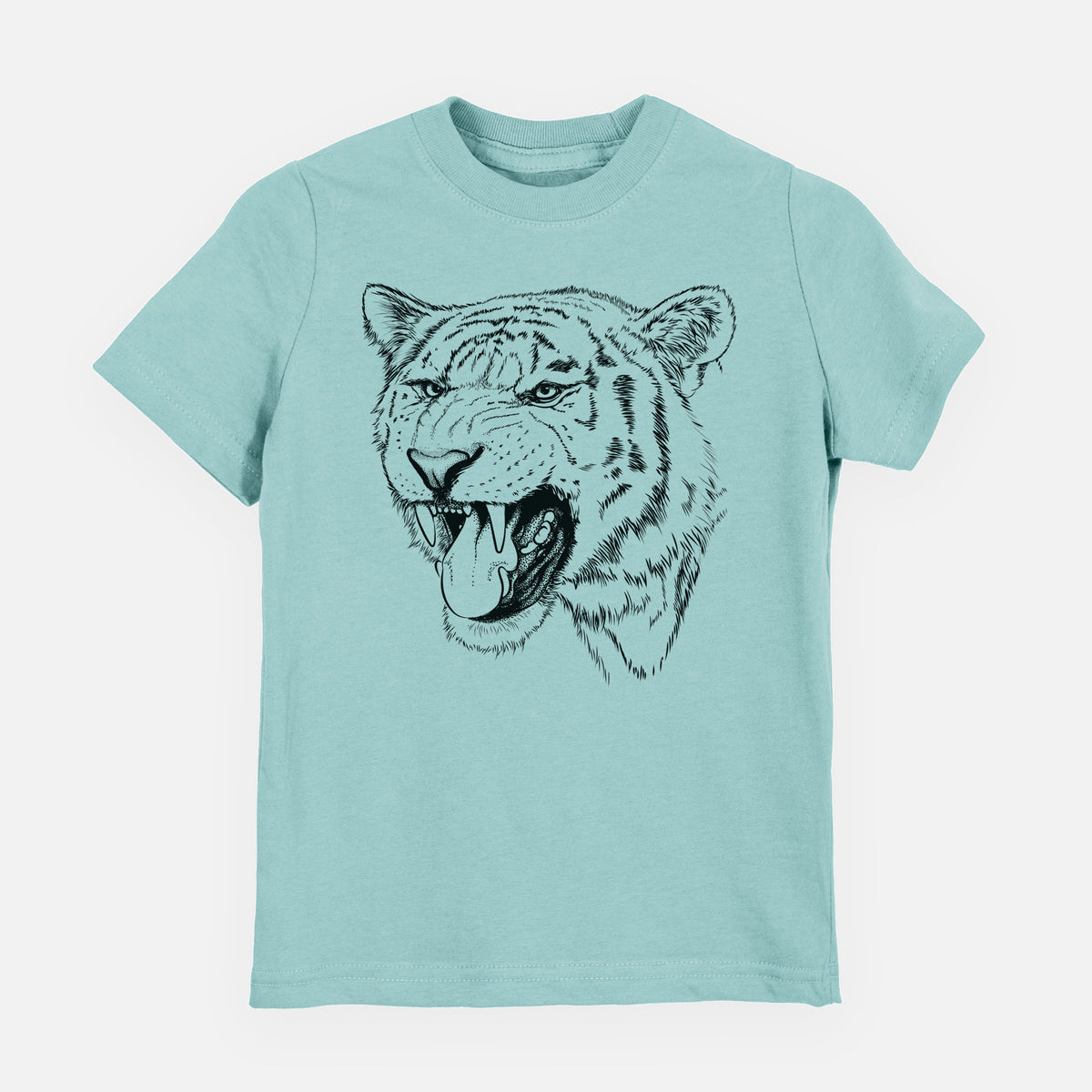 Saltwater youth t-shirt laid flat, printed with a detailed black ink portrait of a roaring Siberian tiger.