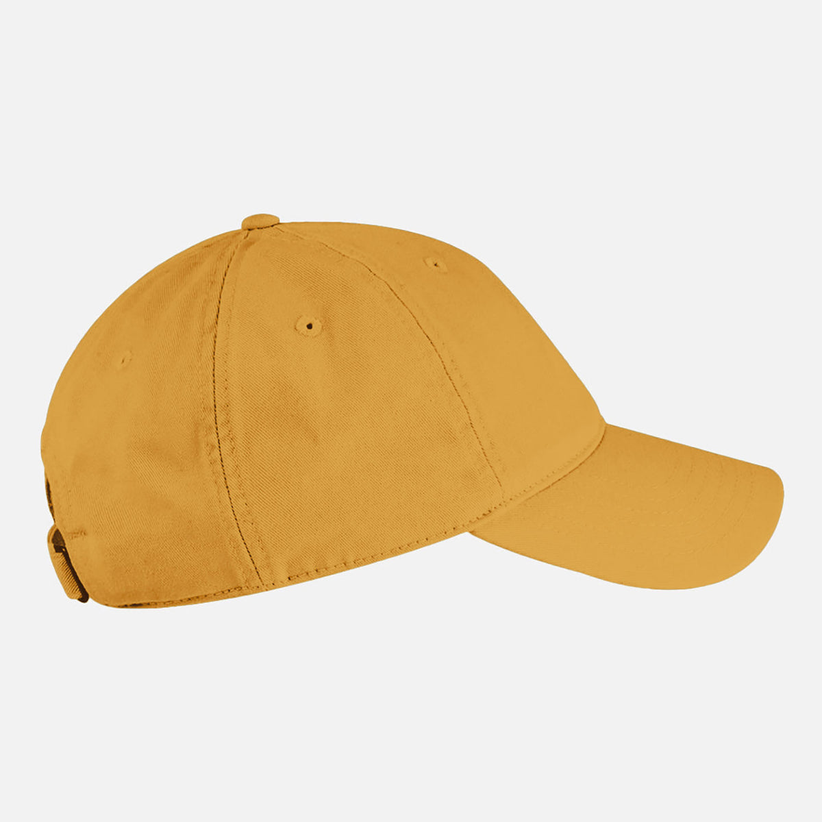 Side view of a mustard yellow cotton baseball hat.