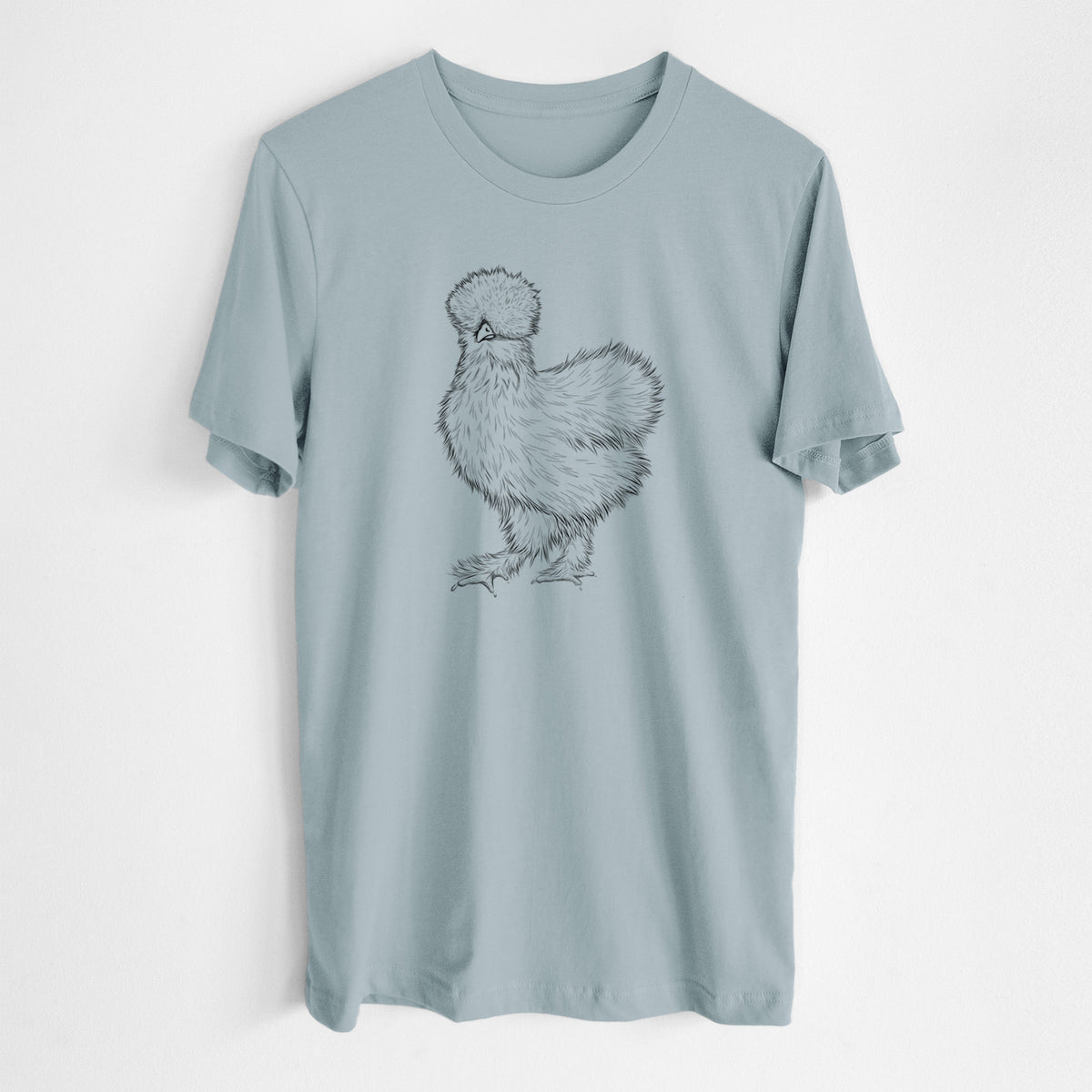 Vintage denim lightweight cotton t-shirt laid flat, printed with a black ink illustration of a fluffy silkie chicken.