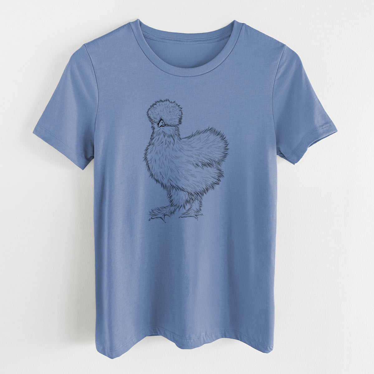 Blue bell women's relaxed fit cotton t-shirt laid flat, printed with a black ink illustration of a fluffy silkie chicken.
