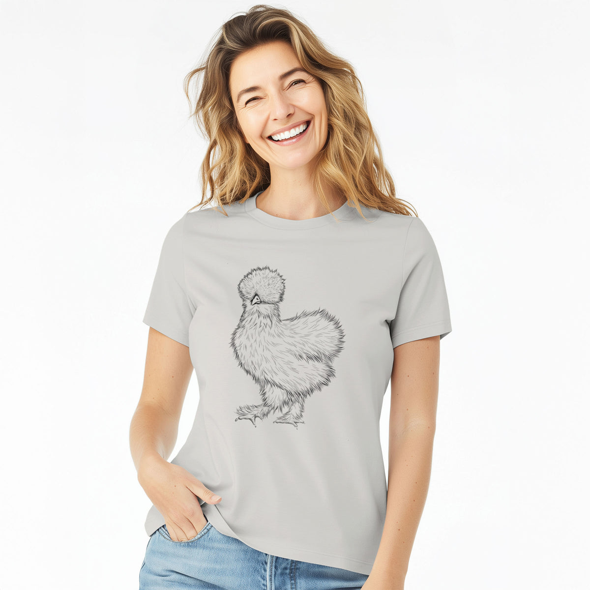 Woman wearing a lunar grey women's relaxed fit cotton t-shirt printed with a black ink illustration of a fluffy silkie chicken.
