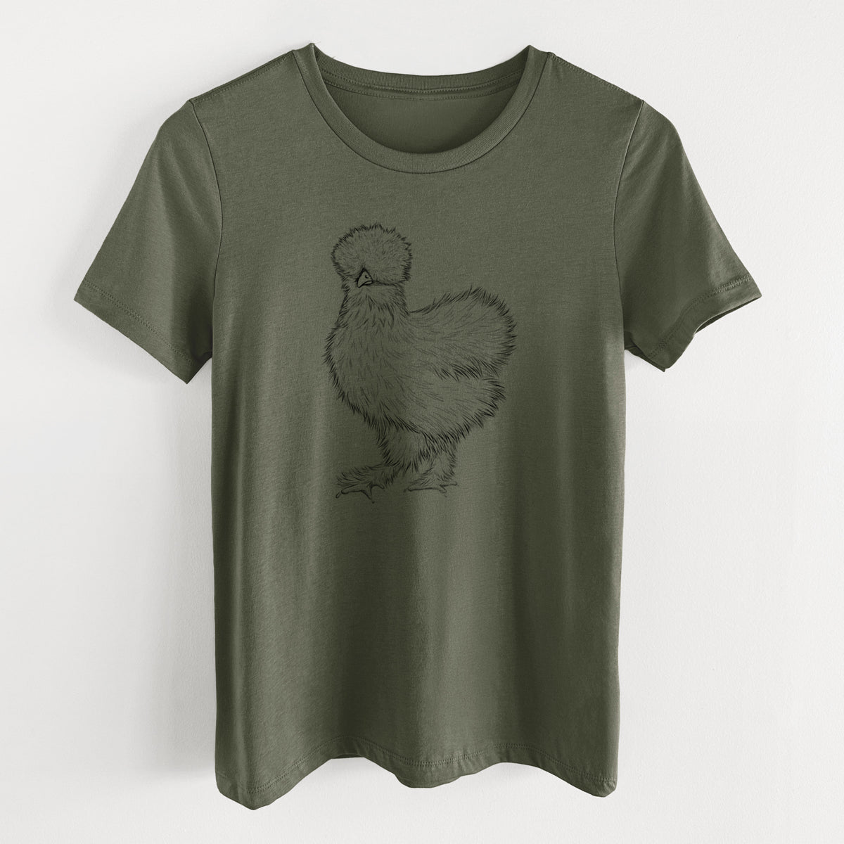 Military green women's relaxed fit cotton t-shirt laid flat, printed with a black ink illustration of a fluffy silkie chicken.