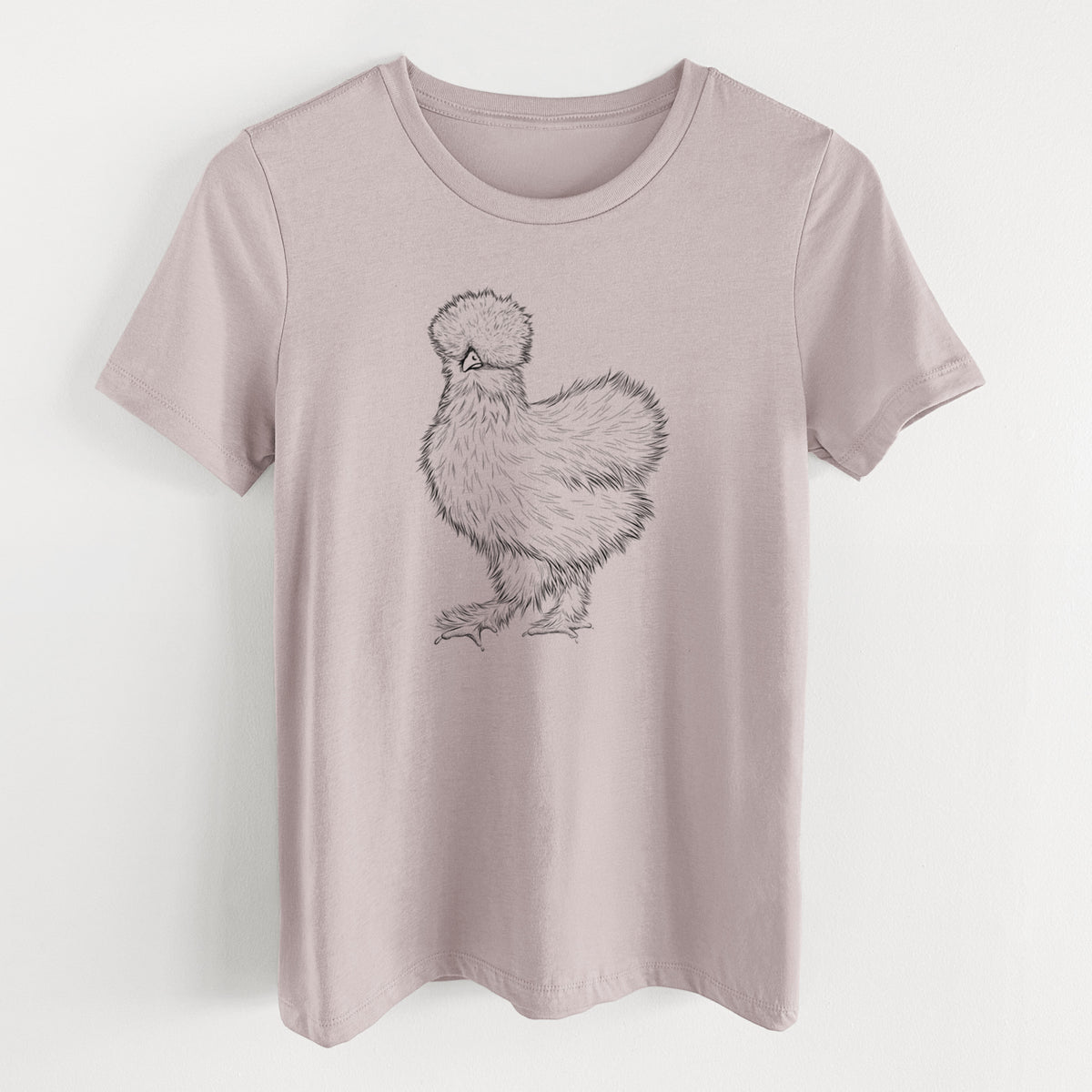 Pink gravel women's relaxed fit cotton t-shirt laid flat, printed with a black ink illustration of a fluffy silkie chicken.