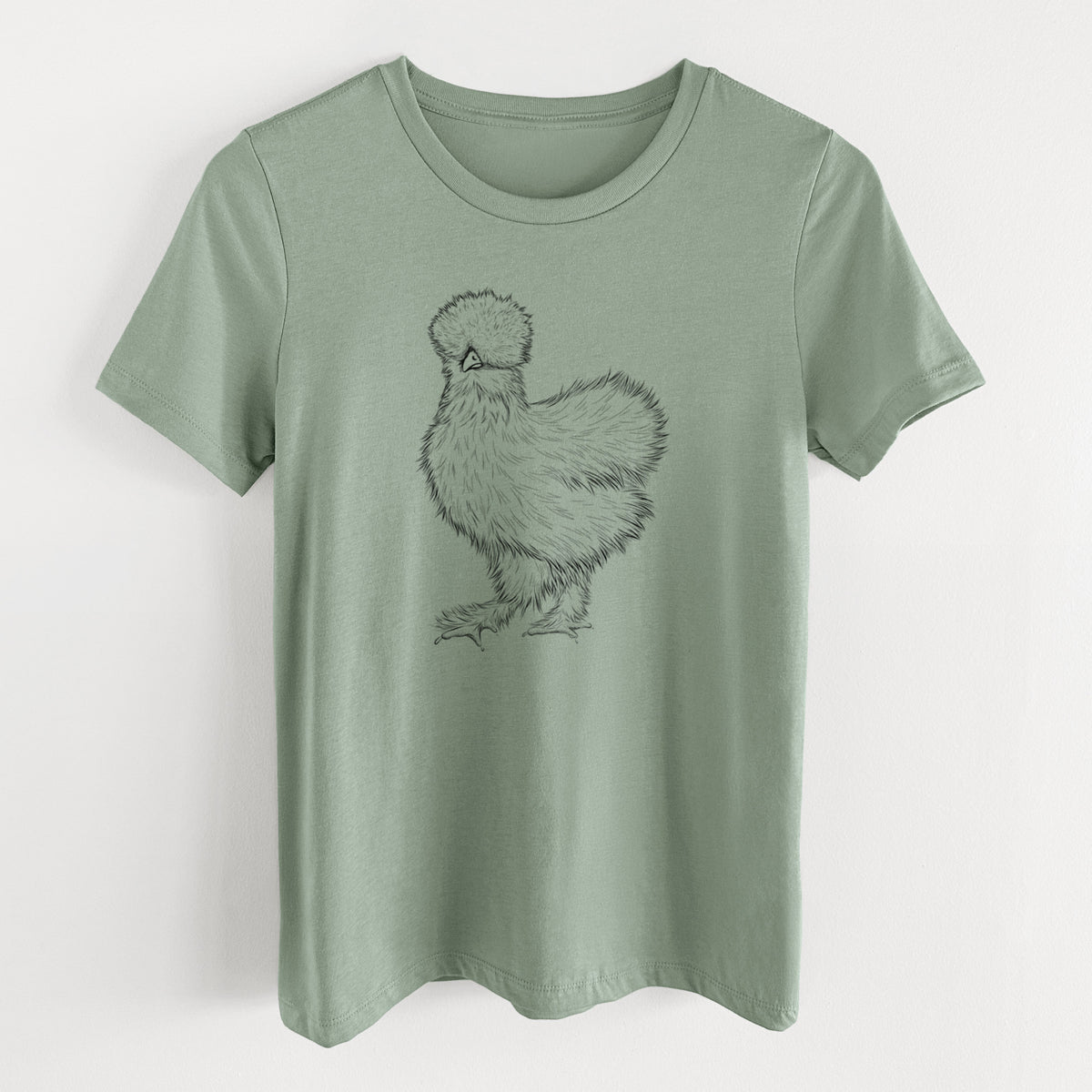 Sage green women's relaxed fit cotton t-shirt laid flat, printed with a black ink illustration of a fluffy silkie chicken.