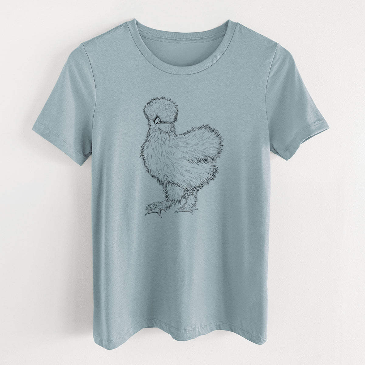 Vintage denim women's relaxed fit cotton t-shirt laid flat, printed with a black ink illustration of a fluffy silkie chicken.