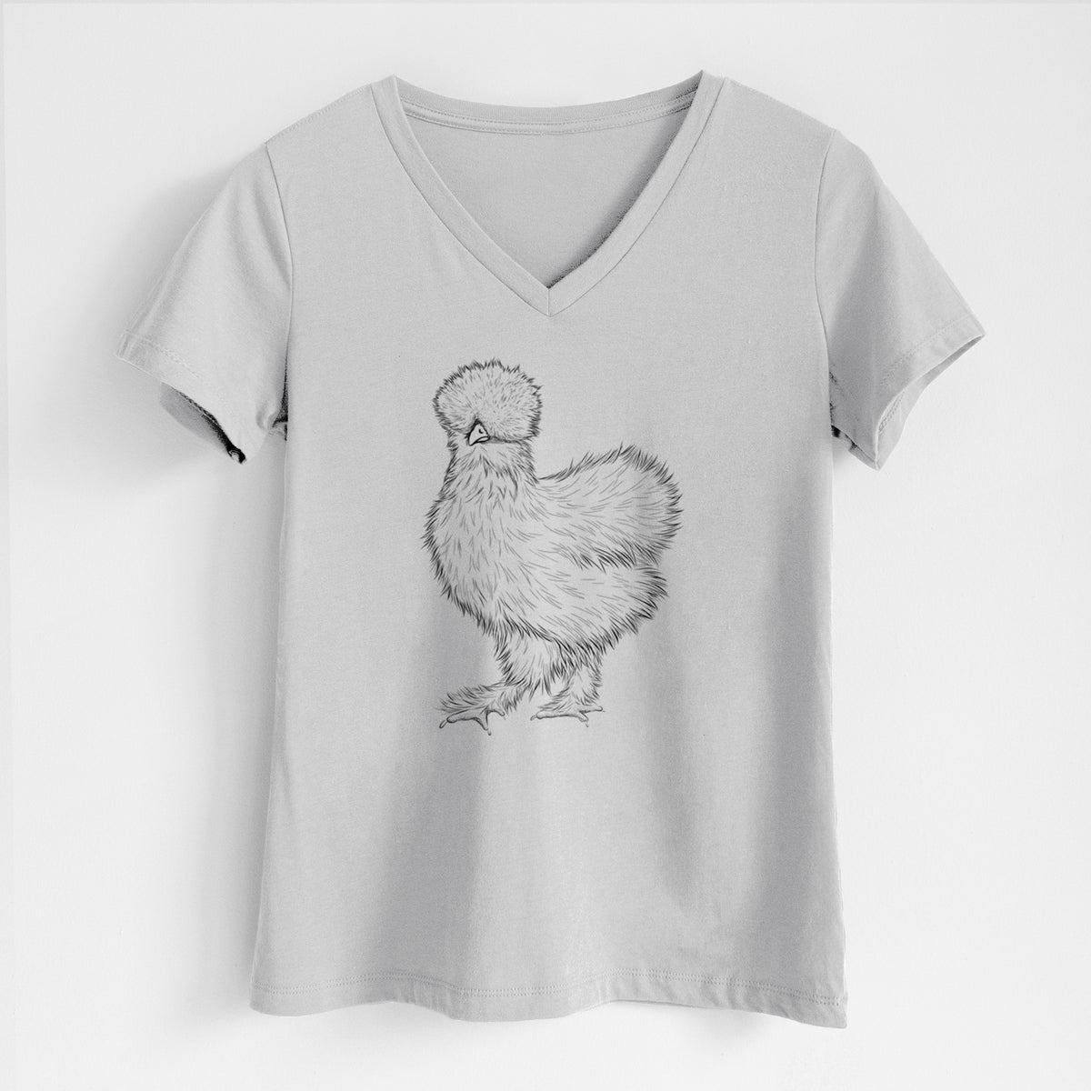 Lunar grey women's relaxed fit cotton V-neck t-shirt laid flat, printed with a black ink illustration of a fluffy silkie chicken.