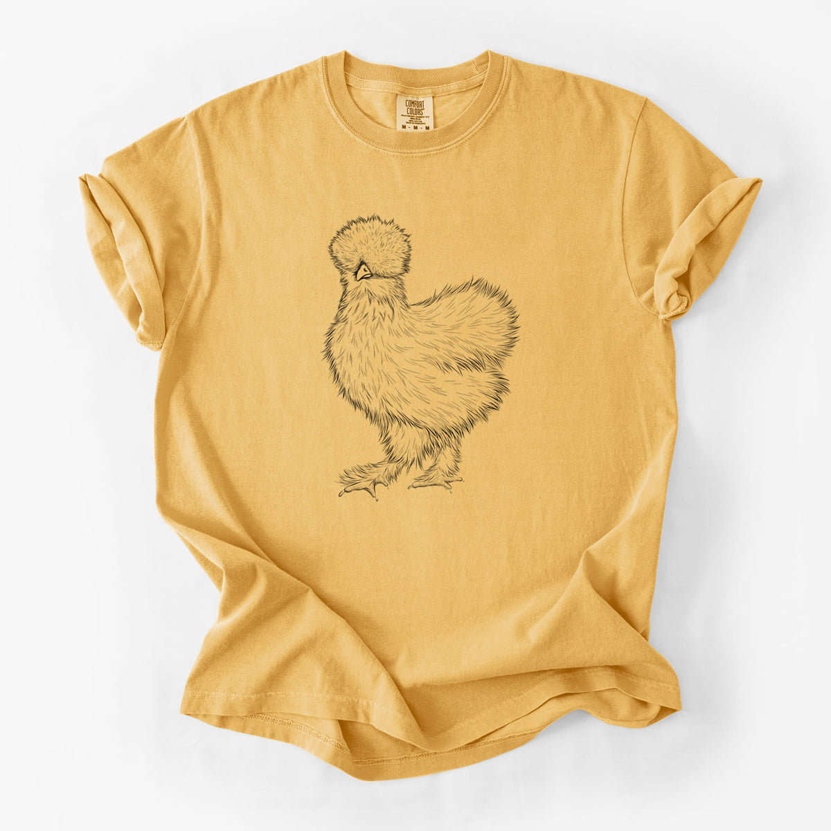 Golden wheat yellow Comfort Colors t-shirt laid flat, printed with a black ink illustration of a fluffy silkie chicken.