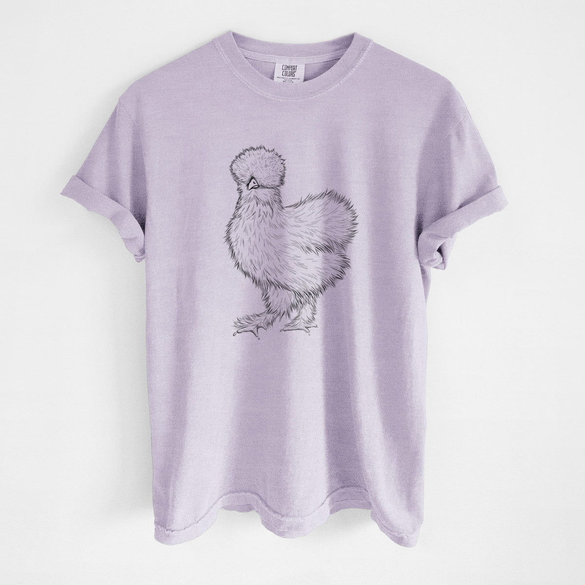 Orchid purple Comfort Colors t-shirt laid flat, printed with a black ink illustration of a fluffy silkie chicken.
