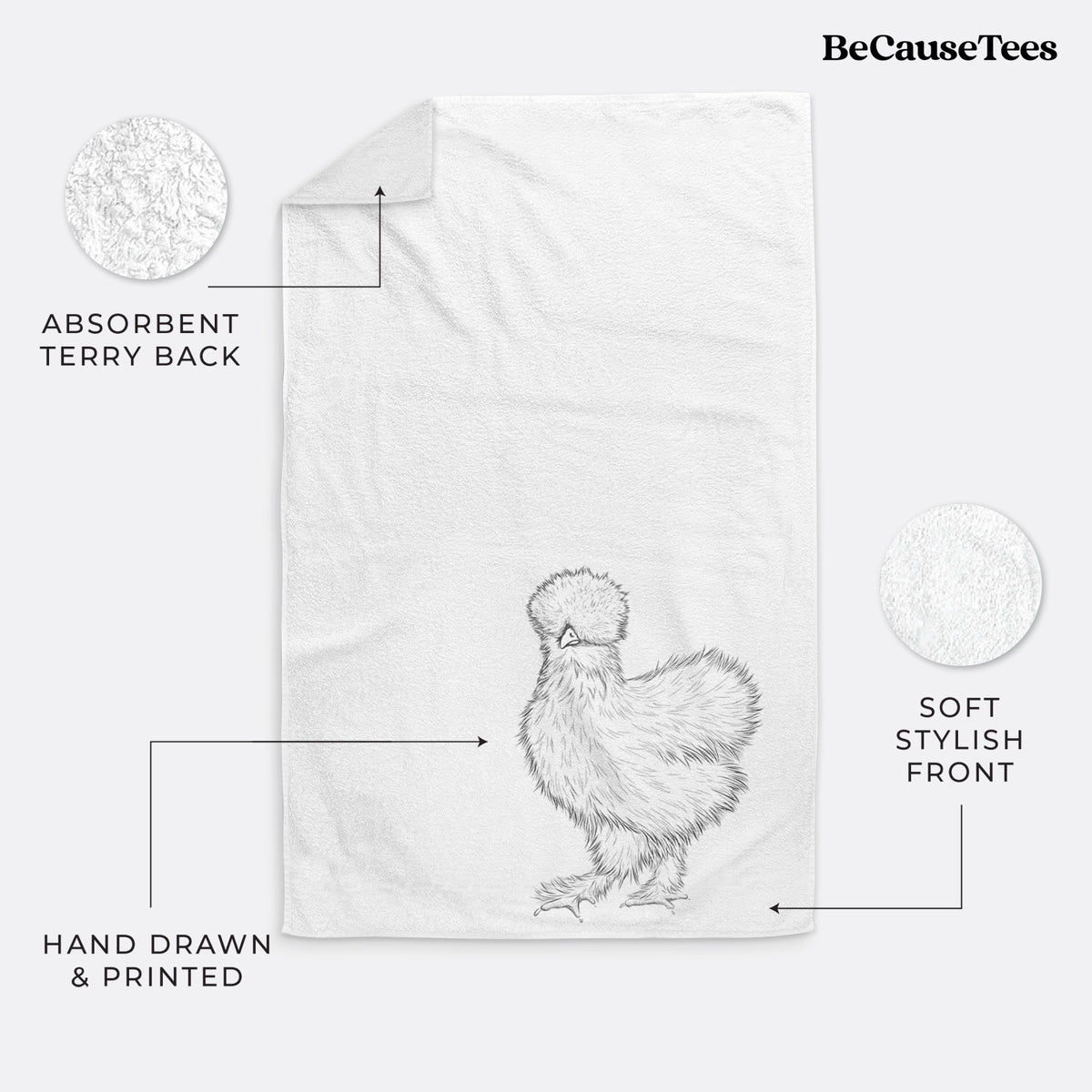 White hand towel printed with a black ink illustration of a fluffy silkie chicken.