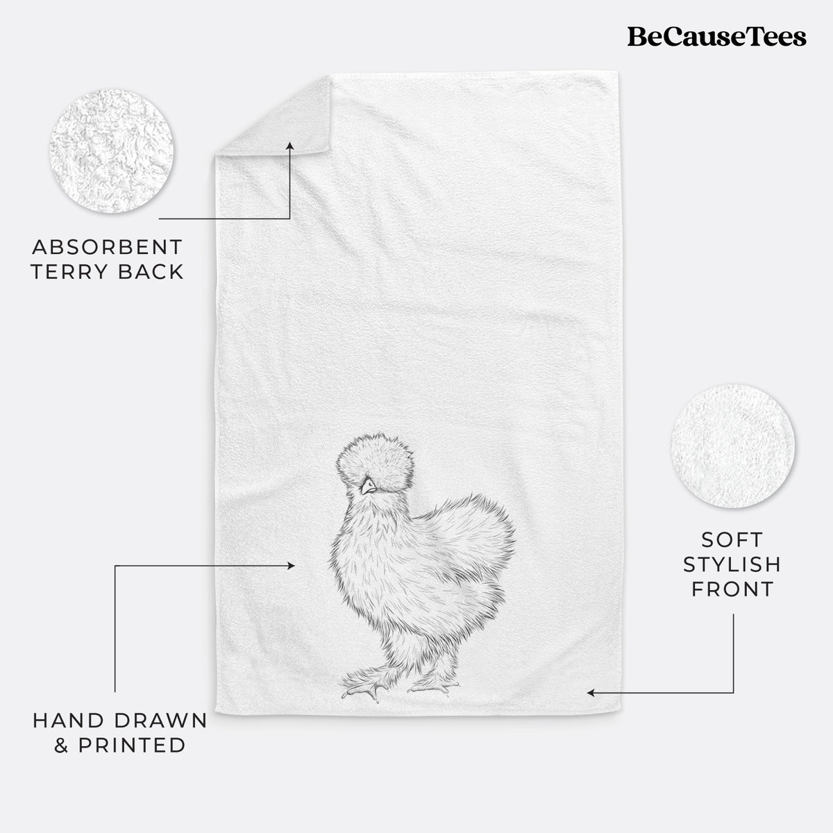 White hand towel printed with a black ink illustration of a fluffy silkie chicken.