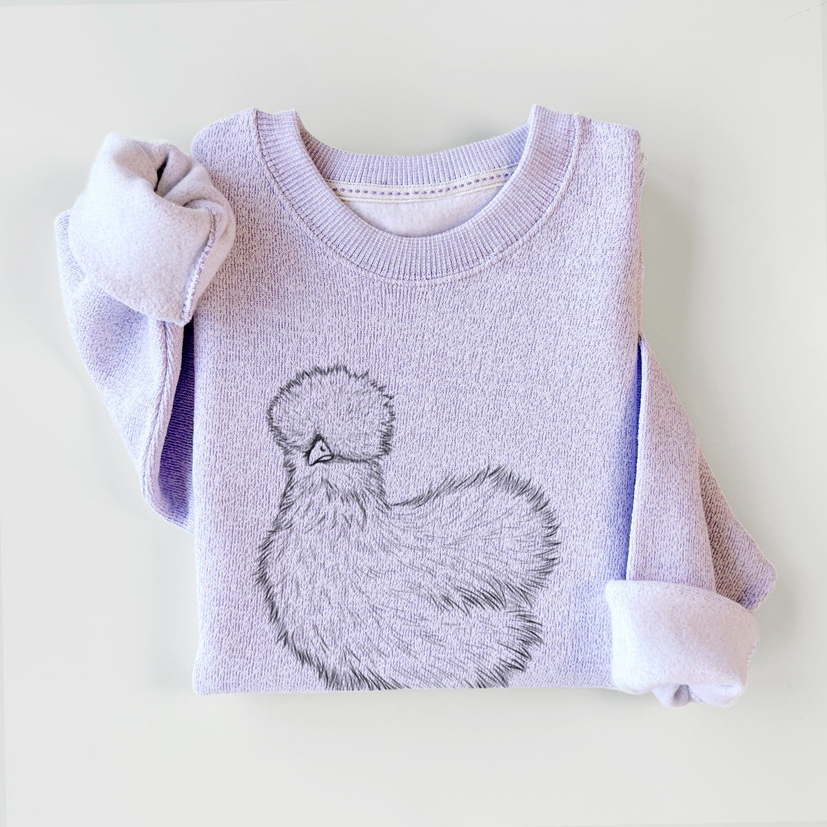 Ice purple knit sweatshirt printed with a black ink illustration of a fluffy silkie chicken, styled flat.