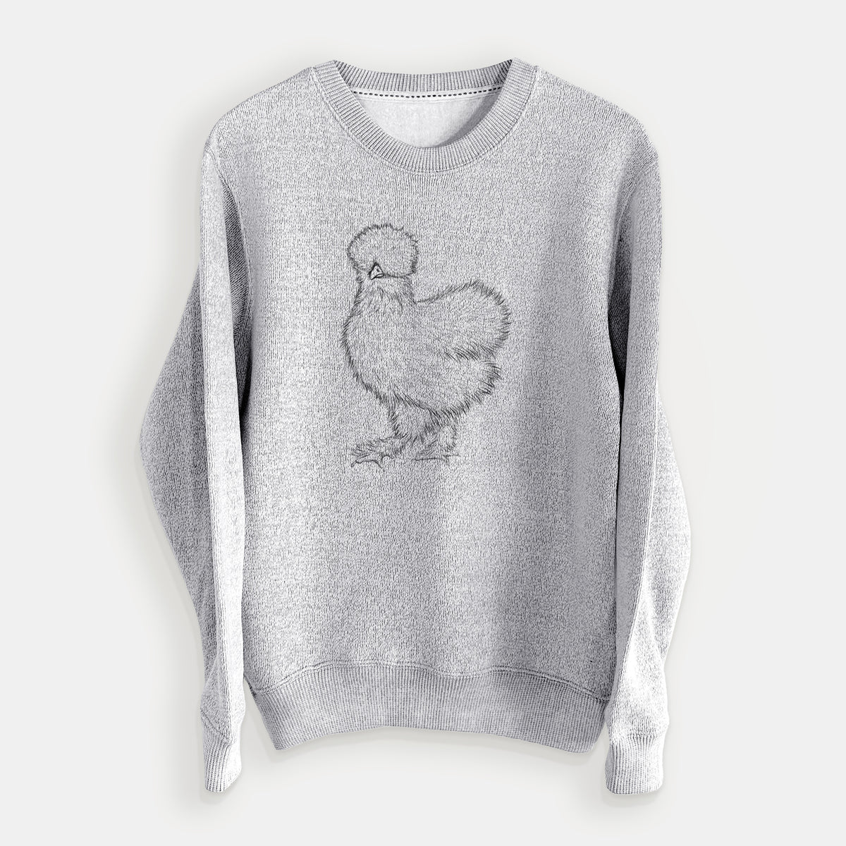 Salt and pepper knit sweatshirt laid flat, printed with a black ink illustration of a fluffy silkie chicken.