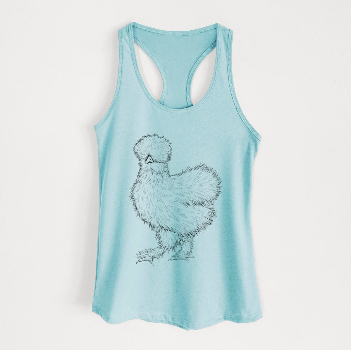 Cancun blue women's racerback tank top laid flat, printed with a black ink illustration of a fluffy silkie chicken.