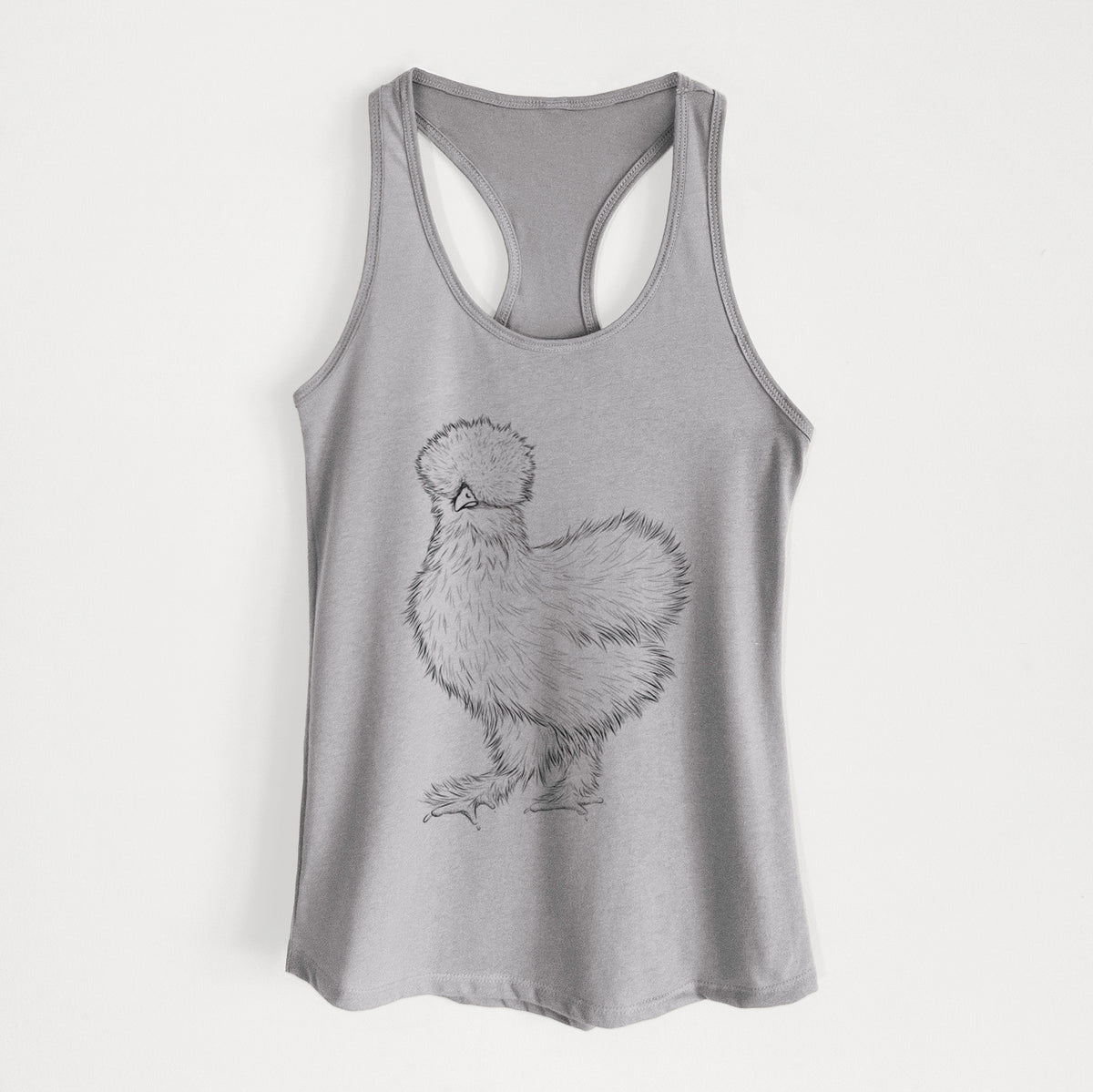 Heather grey women's racerback tank top laid flat, printed with a black ink illustration of a fluffy silkie chicken.