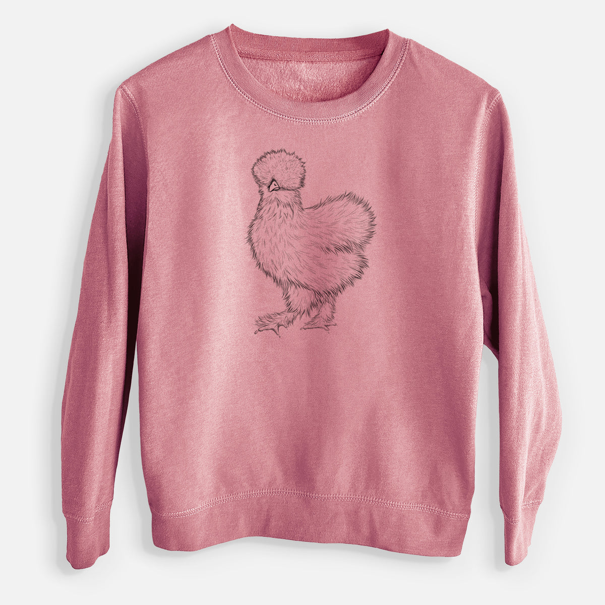 Mauve pink youth crewneck sweatshirt laid flat, printed with a black ink illustration of a fluffy silkie chicken.