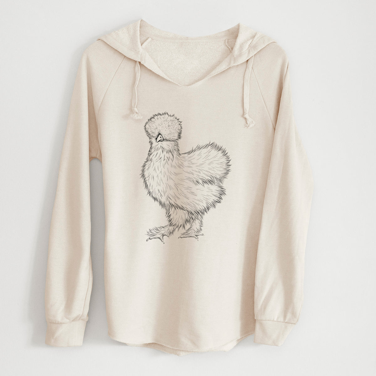 Bone cream women's Cali Wave hooded sweatshirt laid flat, printed with a black ink illustration of a fluffy silkie chicken.