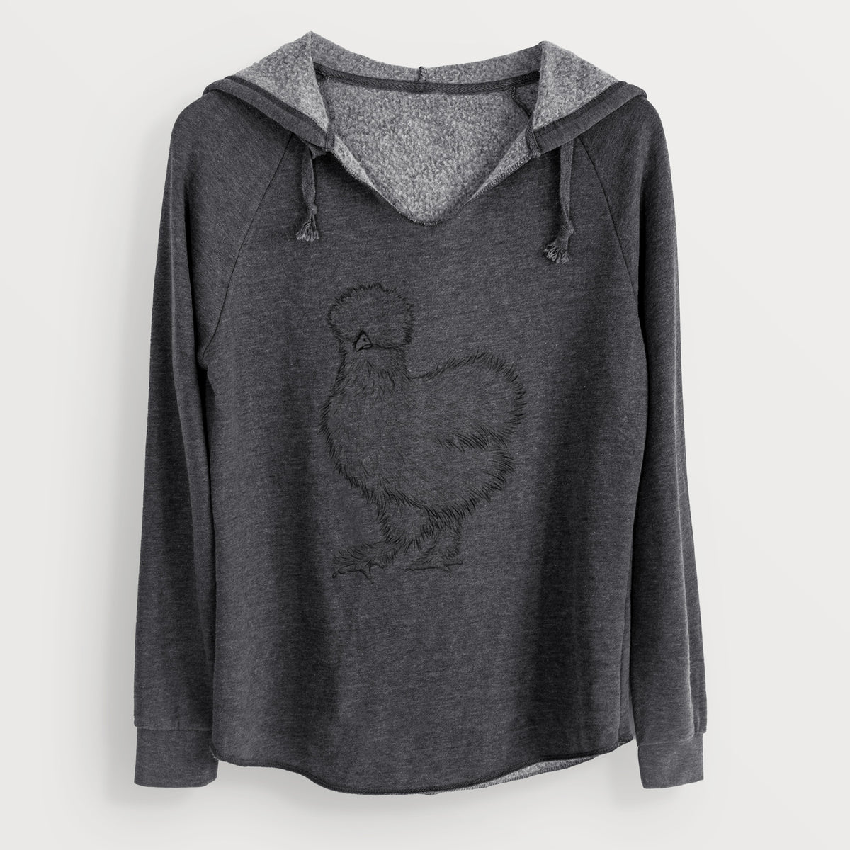 Charcoal grey women's Cali Wave hooded sweatshirt laid flat, printed with a black ink illustration of a fluffy silkie chicken.