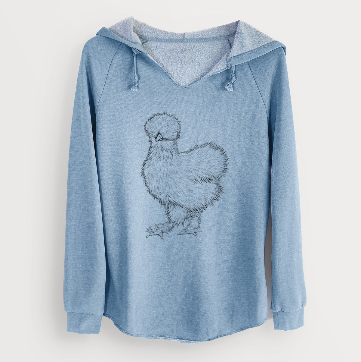 Misty blue women's Cali Wave hooded sweatshirt laid flat, printed with a black ink illustration of a fluffy silkie chicken.
