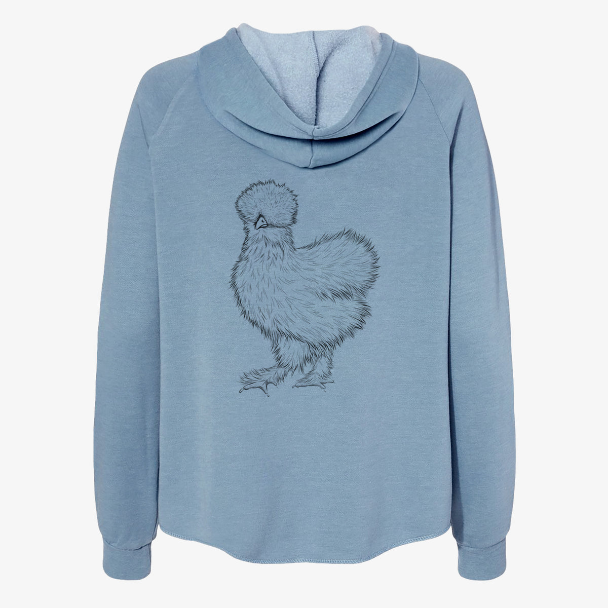 Misty blue women's Cali Wave zip-up sweatshirt laid flat, printed with a black ink illustration of a fluffy silkie chicken.