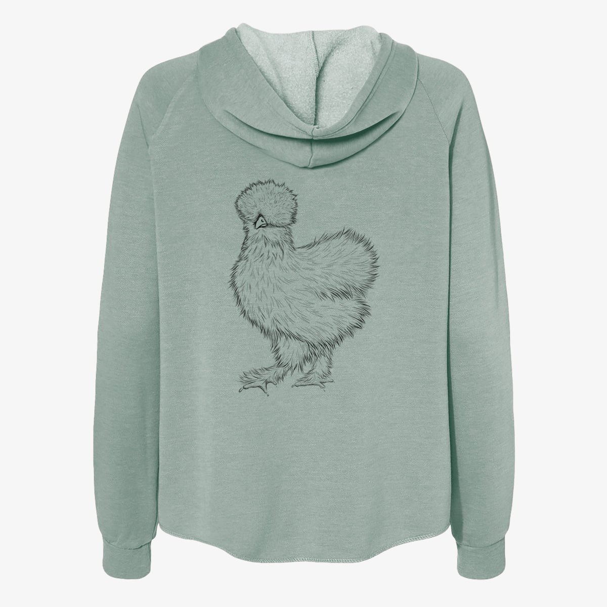 Sage green women's Cali Wave zip-up sweatshirt laid flat, printed with a black ink illustration of a fluffy silkie chicken.