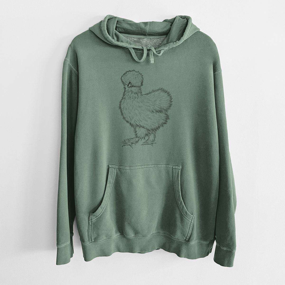 Alpine green pigment dyed hoodie laid flat, printed with a black ink illustration of a fluffy silkie chicken.