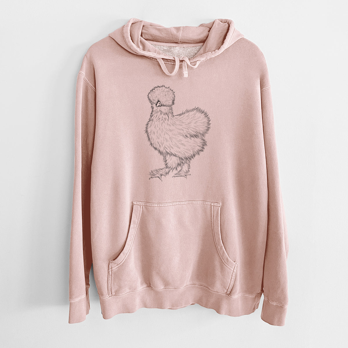 Dusty pink pigment dyed hoodie laid flat, printed with a black ink illustration of a fluffy silkie chicken.