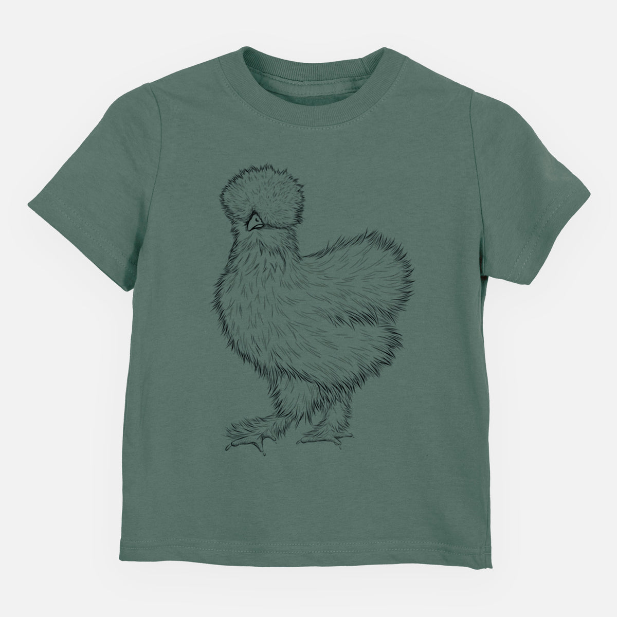Basil green toddler t-shirt laid flat, printed with a black ink illustration of a fluffy silkie chicken.