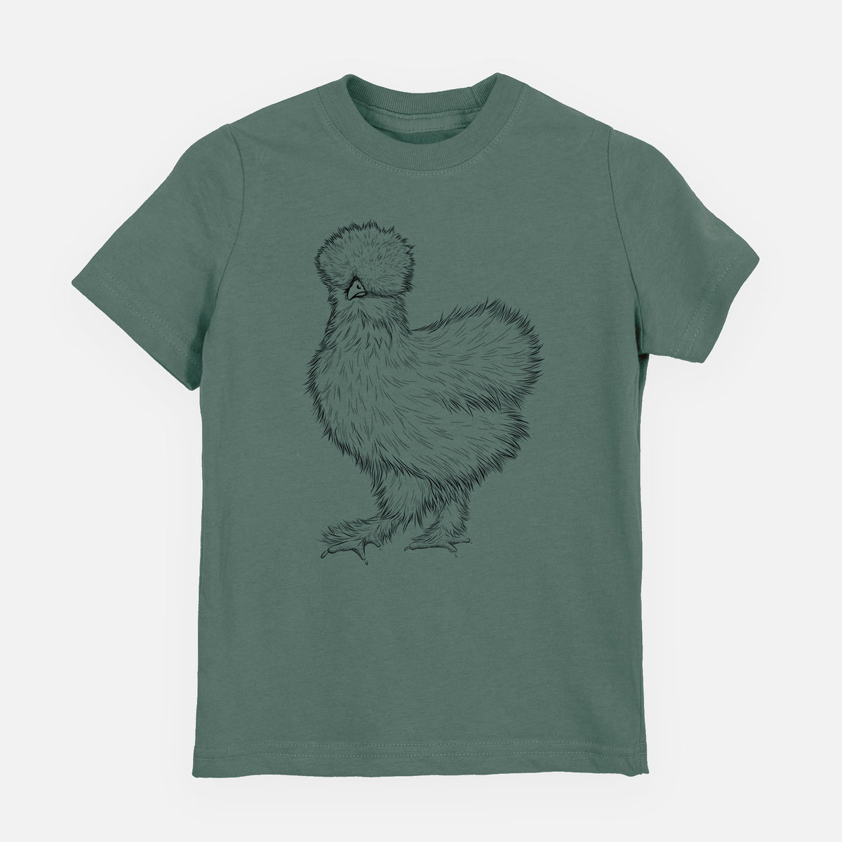 Basil green youth t-shirt laid flat, printed with a black ink illustration of a fluffy silkie chicken.