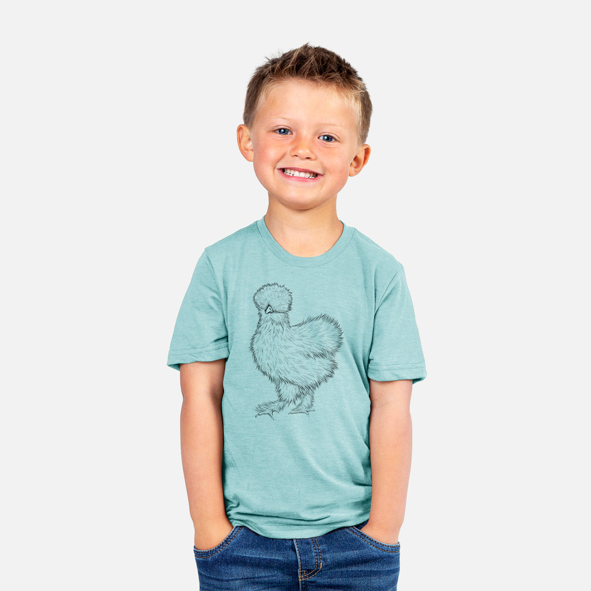 Smiling boy wearing a youth t-shirt printed with a black ink illustration of a fluffy silkie chicken.