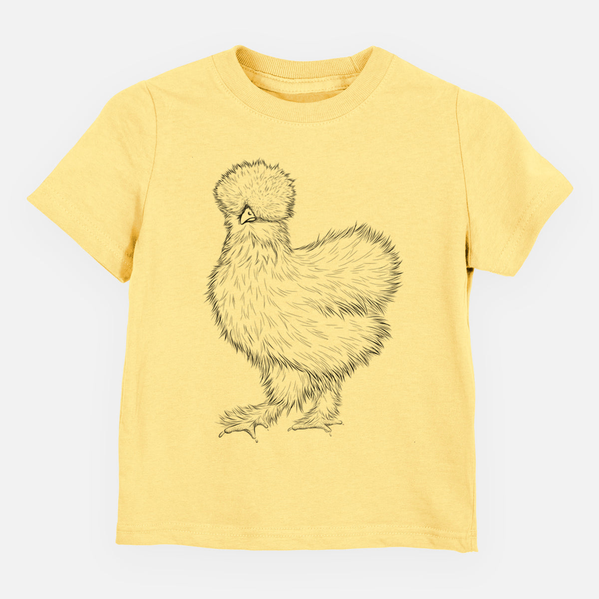 Butter yellow toddler t-shirt laid flat, printed with a black ink illustration of a fluffy silkie chicken.