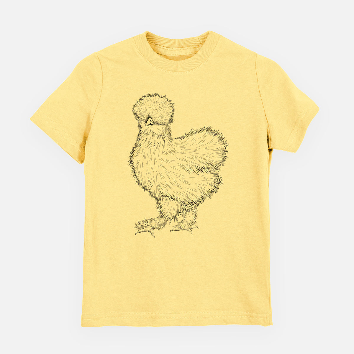 Butter yellow youth t-shirt laid flat, printed with a black ink illustration of a fluffy silkie chicken.