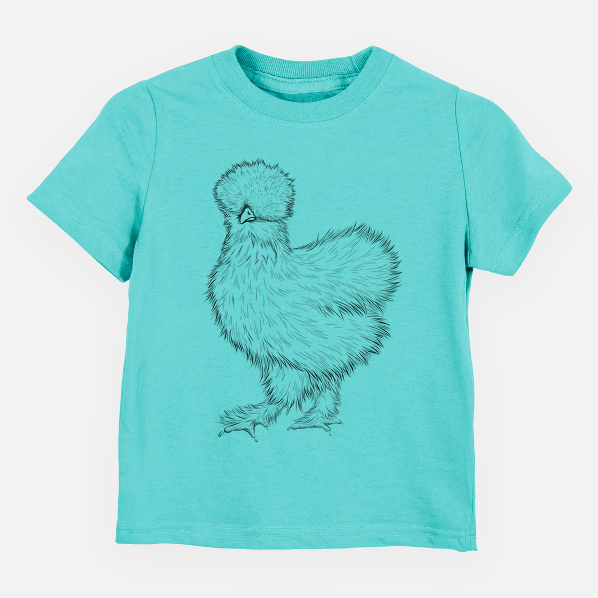 Caribbean blue toddler t-shirt laid flat, printed with a black ink illustration of a fluffy silkie chicken.