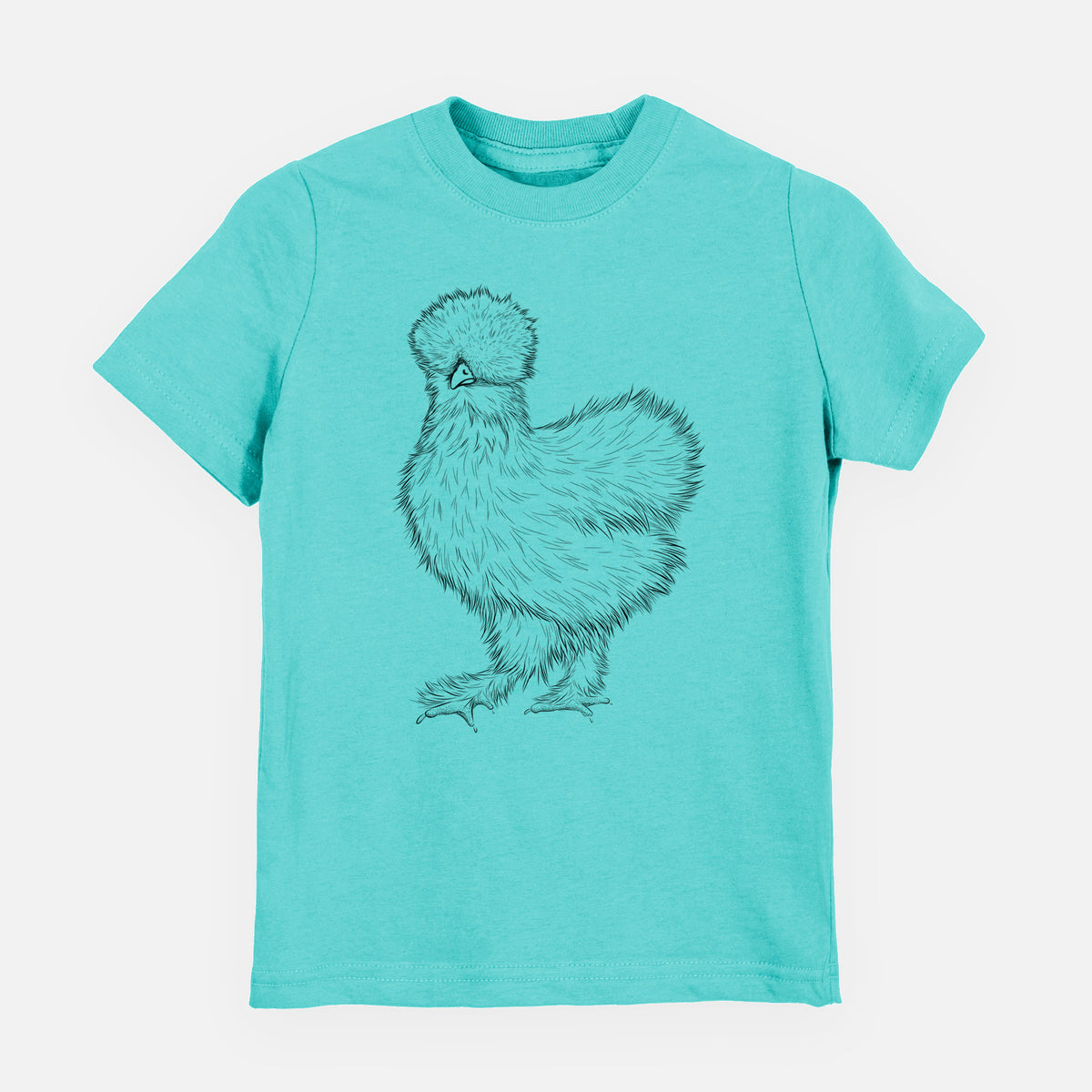 Caribbean blue youth t-shirt laid flat, printed with a black ink illustration of a fluffy silkie chicken.