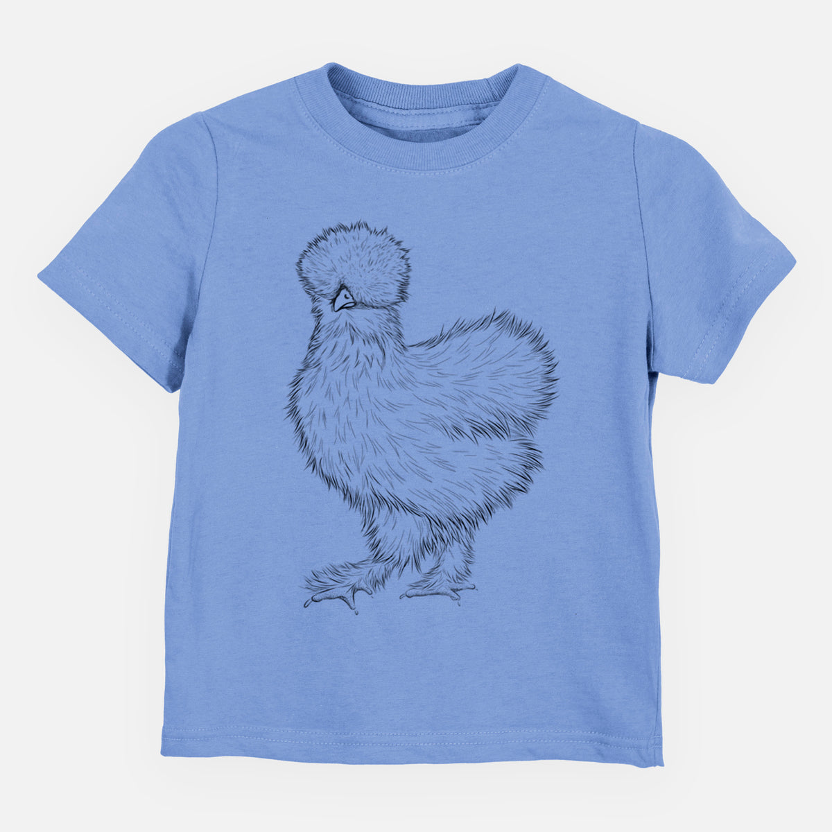 Carolina blue toddler t-shirt laid flat, printed with a black ink illustration of a fluffy silkie chicken.