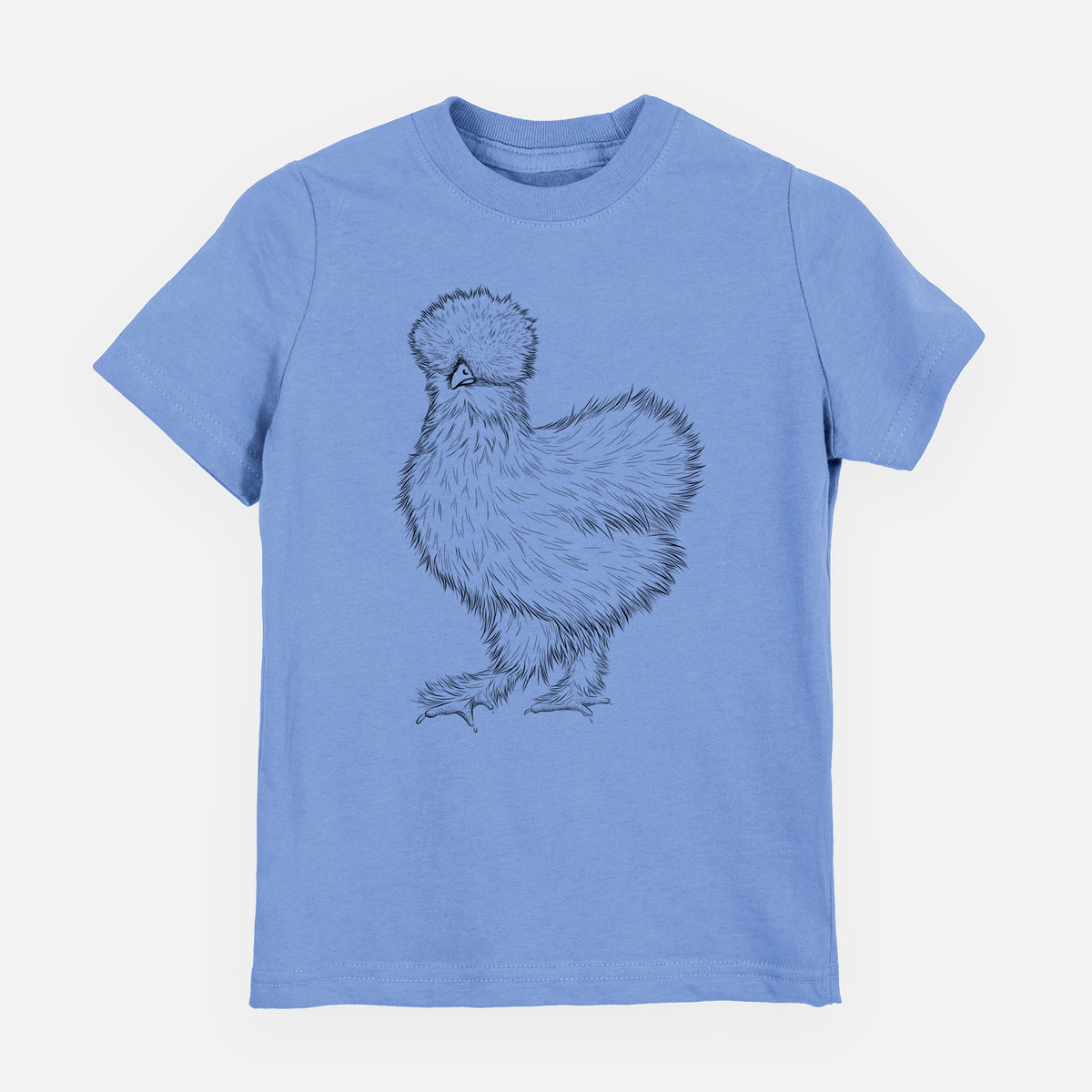 Carolina blue youth t-shirt laid flat, printed with a black ink illustration of a fluffy silkie chicken.
