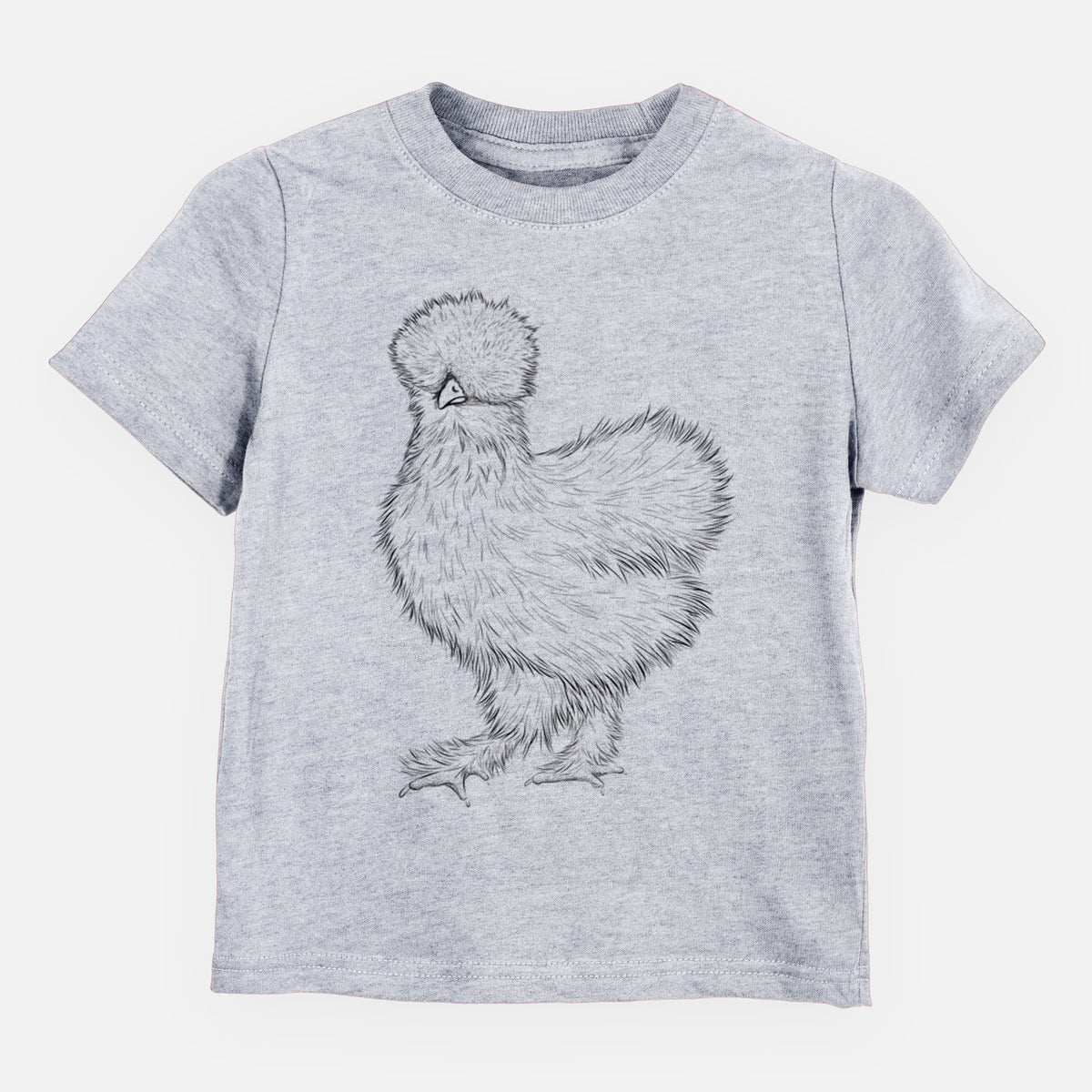 Heather grey toddler t-shirt laid flat, printed with a black ink illustration of a fluffy silkie chicken.