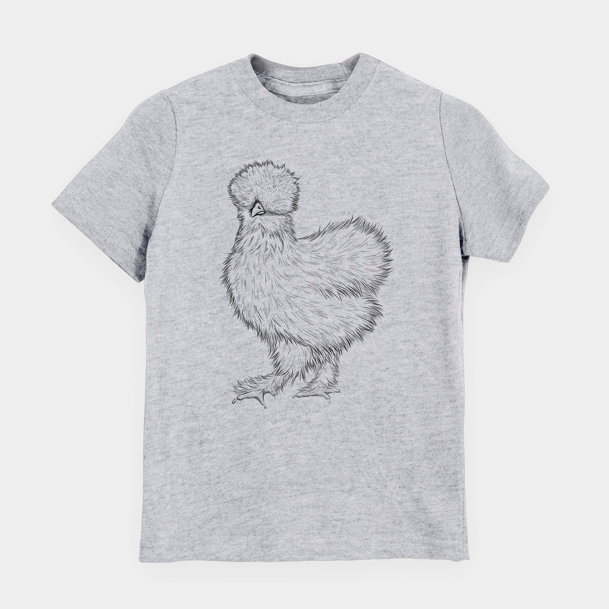 Heather grey youth t-shirt laid flat, printed with a black ink illustration of a fluffy silkie chicken.