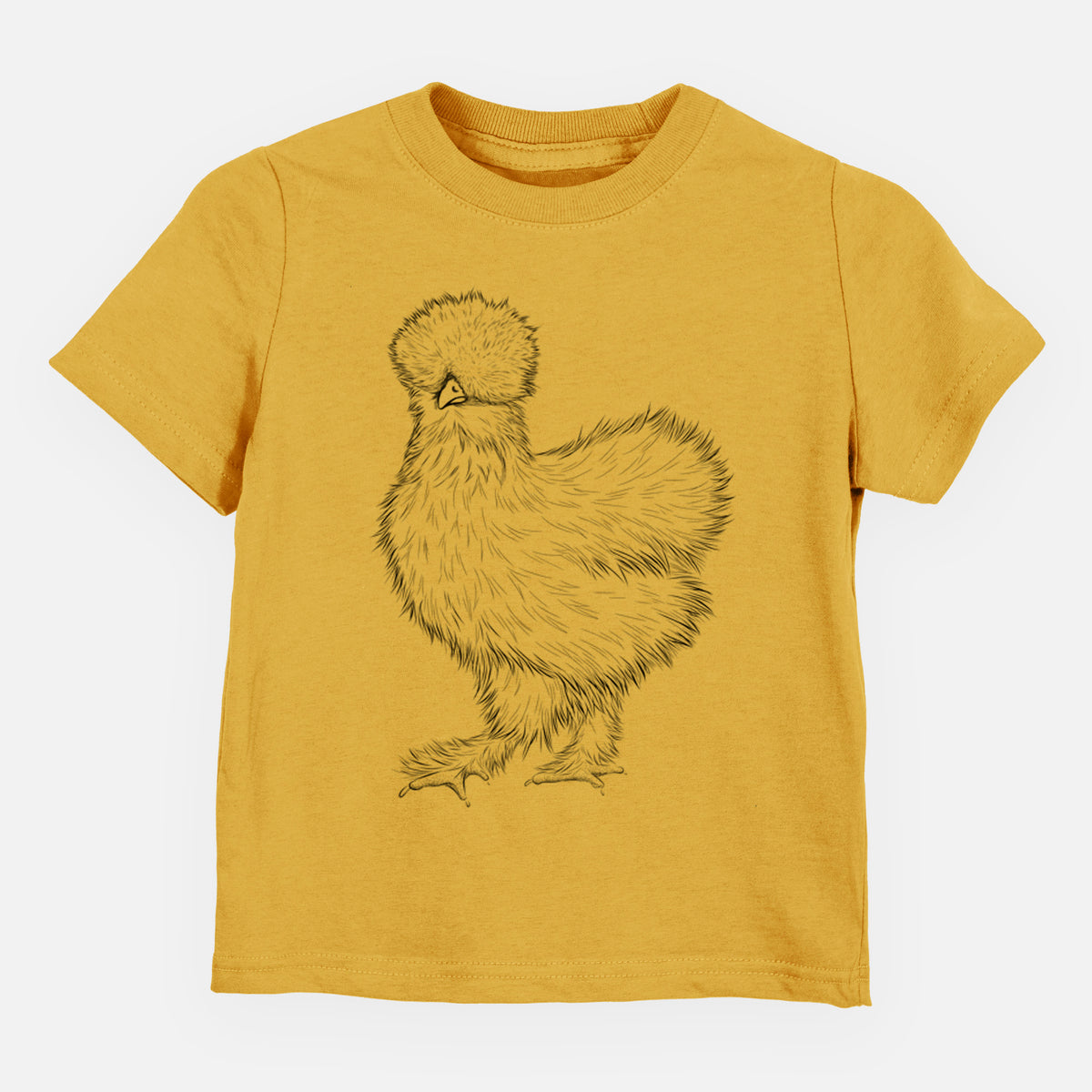 Honeycomb yellow toddler t-shirt laid flat, printed with a black ink illustration of a fluffy silkie chicken.